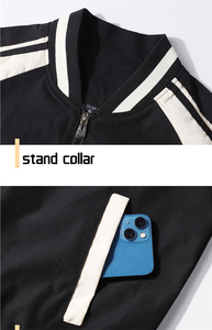 เสื้อแจ็คเก็ตวาร์ซิตี้สีดำครีมสำหรับผู้ชาย ปกคอพับ ปิดด้วยซิป ทรงปกติ สีพื้น ผ้าโพลีเอสเตอร์ เหมาะสำหรับใส่ในฤดูใบไม้ร่วง - Product Image 4