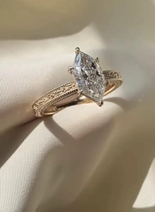 Anillo de compromiso y boda de oro amarillo Art Déco con diamante marquesa holandesa de laboratorio de 2 CT, engaste de tensión, certificado IGI, grabado - Product Image 6
