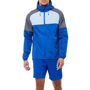 Ensemble de survêtement à capuche pour homme, manches longues, short léger, coupe-vent, sportif, color block bleu-gris, idéal pour le printemps - Product Image 1