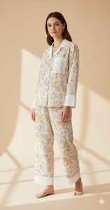 Conjunto de Camisón Largo sin Cuello con Botones para Mujer, Camisa y Pantalones Casuales de Poliéster/Algodón Suave con Estampado Floral, Hecho en India - Product Image 3