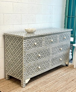 Mediterranean Style Wooden <b>Storage</b> <b>Cabinet</b> with Geometric Inlay Pattern and Multiple Drawers for Living Room Furniture - Product Image 2