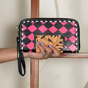 Handcrafted Genuine Tooled Leather <b>Purse</b> Floral Checkered Pattern Wristlet <b>Clutch</b> with Zipper Closure Super September Wallet - Product Image 4
