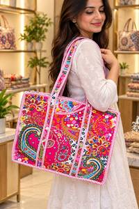 Sac fourre-tout en toile de coton rose à motifs paisley bohèmes pour femme, sac de voyage avec fermeture éclair - Product Image 3