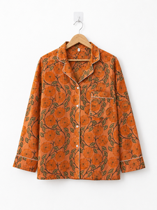 Conjunto de Camisón de Algodón 100% Ecológico y Transpirable con Estampado Floral Naranja para Mujer, 6 Piezas, Ropa de Dormir de Verano con Cierre de Botones - Product Image 2