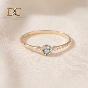 Unique Designer Solid Yellow Gold 14KT <b>Ring</b> With Lab Grown Diamond and Aquamarine Gemstone for Women's <b>Fine</b> Custom Jewelry - Product Image 2