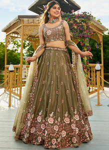 Designer Olive Green Embroidered Semi-Stitched Lehenga Choli with Soft <b>Net</b> <b>Dupatta</b> - Product Image 2
