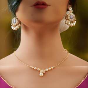 Bridal Fine Jewelry Set Matte Short Necklace with Golden Pearls & American Diamond Earrings for Girls - Product Image 3