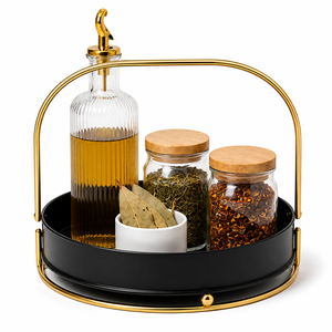 Panier de rangement moderne en métal de qualité supérieure avec un cadre en acier noir mat durable et une base en bambou naturel avec poignée - Product Image 6
