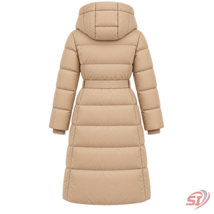 Custom Women's Camel Luxe Belted Puffer <b>Coat</b> Hooded Quilted Winter Jacket Luxury Insulated Outerwear Manufacturer - Product Image 2