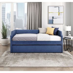 Moderno contemporaneo mobili in legno blu testurizzato tessuto divano letto imbottito con stalla 1pc letto in una scatola - Product Image 1