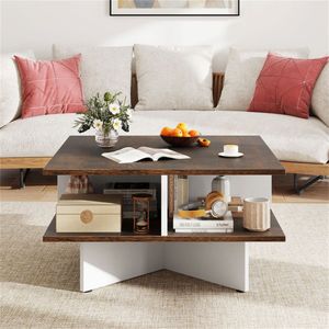 Tavolino da Salotto a 2 Ripiani, Design Quadrato con 4 Scomparti Portaoggetti, Realizzato in Vetro, Pietra Sinterizzata e Marmo - Product Image 1