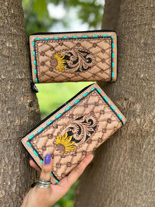 กระเป๋าสตางค์หนังแบบตะวันตกขนาดใหญ่สำหรับผู้หญิงกระเป๋าสตางค์หนังแท้มีซิปลายดอกทานตะวัน - Product Image 4