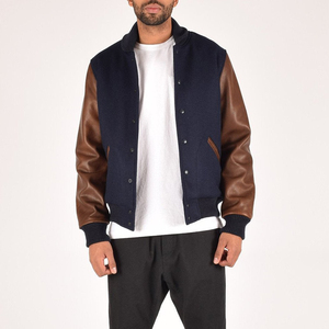 Navy Wool Brown Varsity <b>Jacket</b> <b>for</b> <b>Men</b> Classic Bomber Style Stand Collar Patchwork Outerwear Ribbed Hem Cuffs Zipper Closure - Product Image 1