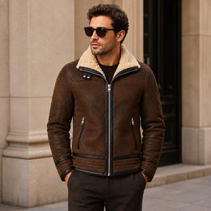 Luxury Custom <b>Mens</b> Genuine <b>Leather</b> Shearling Collar Winter <b>Jacket</b> <b>Brown</b> Zip Front Casual Windproof <b>Jacket</b> Custom Logo Supplier - Product Image 4