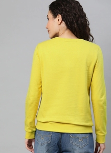Sweat-shirt à col rond pour femme, jaune uni, manches longues, tricoté en coton respirant, vêtements d'automne - Product Image 2