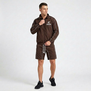 Trendy <b>Men's</b> Two Piece Lightweight Nylon Sportswear Set Brown Windbreaker <b>Jacket</b> and Shorts for <b>Summer</b> Outdoor Running Fitness - Product Image 1
