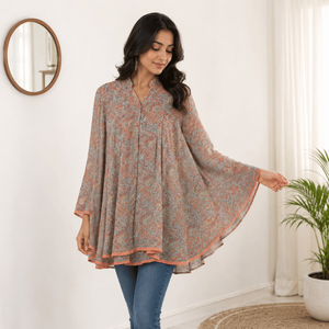 Túnica Étnica Elegante de Seda con Cuello en V para Mujer, Dobladillo en Capas, Tejido Transpirable y Lavable, Ecológico, Ajuste Relajado, Cintura Natural, Estilo Boho Chic - Product Image 4
