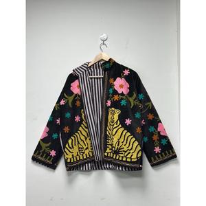 Veste bohème en velours noir brodée de fleurs Suzani, motif tigre, manches longues, col montant, vêtements d'extérieur pour femmes, hiver - Product Image 2