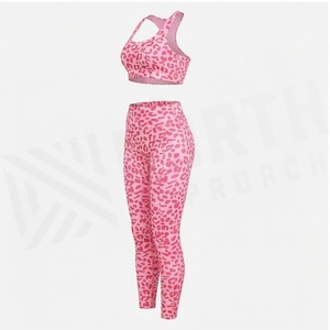 Ensemble de yoga 2 pièces imprimé léopard rose, haut court dos nageur et leggings taille haute longueur intégrale en Spandex Polyester extensible dans les quatre sens - Product Image 3