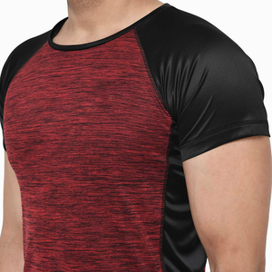 T-shirt à manches raglan pour homme, rouge et noir, couleur unie, col rond, séchage rapide, coupe ajustée, sportif, tricoté en polyester, manches courtes, vêtements de sport - Product Image 5