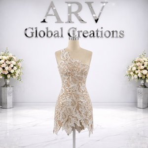Vestido Mini de Encaje de Lujo con Hombro Descubierto Asimétrico |   Vestido de Fiesta Ajustado Transparente con Bordado, Elegante, de Diseñador, para Cóctel o Noche - Product Image 1