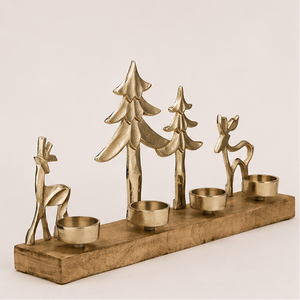 Handcrafted Metal Reindeer and Pine <b>Tree</b> Christmas Candle Holder With Mango Wood Base Antique Gold Finish <b>Tabletop</b> Tealight - Product Image 2