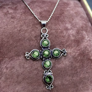 Joyería religiosa hecha a mano, colgante de cruz de plata de ley, amatista verde, piedra preciosa, collar Vintage, bisel, colgantes de moda, dijes - Product Image 1