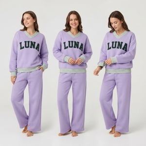 Conjunto de 2 Piezas para Mujer, Sudadera de Cuello en V de Felpa de Poliéster/Algodón a Cuadros y Pantalones Anchos, Estilo Casual de Invierno con Bordado - Product Image 6