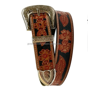 Cinturón de herramientas de cuero occidental en relieve floral y pluma tallado a mano de la mejor calidad para hombres y mujeres - Product Image 2