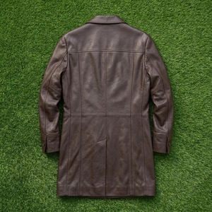 Abrigo de Cuero Genuino Marrón para Hombre, Corte Regular, Cuello Solapa, Cierre de un Botón, Ajuste Delgado, Transpirable, con Bloques de Color y Forro - Product Image 2