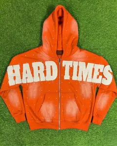 Sweat à capuche zippé brodé de strass 2026 pour homme, coupe oversize, effet délavé, style streetwear, 100% coton French Terry sur le devant - Product Image 3