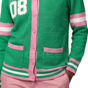 Cárdigan OEM de la hermandad griega AKA, verde y rosa, texturizado, para mujer, con logotipo bordado, botones frontales, cárdigan universitario de fraternidad. - Product Image 2