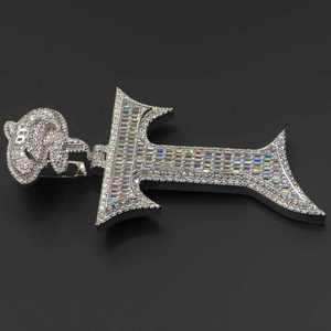 Pendentif Croix Baguette Moissanite Iced Out, Breloque Hip Hop Lettre, Bijou Argenté, Cadeau - Product Image 1