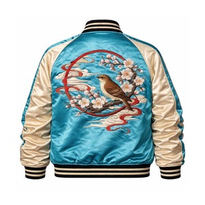 แจ็คเก็ตบอมเบอร์แบบกลับด้านได้ รุ่นพรีเมียม ขายส่ง สีเทอร์ควอยซ์ พร้อมลายปักดอกสวอลโลว์ สไตล์ฮาราจูกุ - Product Image 3