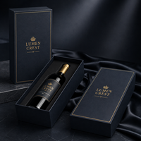 Boîte d'emballage cadeau de luxe haut de gamme pour vin, avec logo personnalisé en relief, dorure à chaud, pelliculage mat, doublure en éponge, couvercle rigide et base.