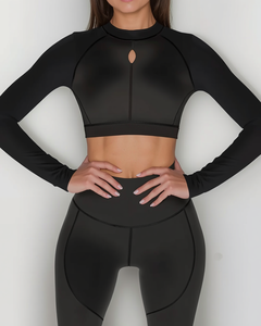 Conjunto de yoga de manga larga con top corto y leggings de compresión para mujer, conjunto deportivo de 2 piezas. - Product Image 2