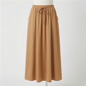 Jupe midi élastique à taille élastique pour femmes, couleur unie, cordon de serrage, viscose, mousseline, style minimaliste confortable, toutes saisons - Product Image 1