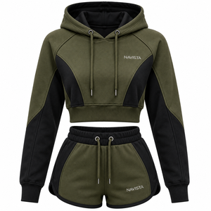 Plus Size Women's Vintage Summer Casual Solid 100% Cotton Eco-Friendly NAVISTA SPORTS Fleece Midi Two-Piece Crop <b>Top</b> Hoodie Set - Product Image 6