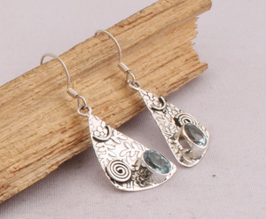 Handmade Antique Finish Blue Topaz Leaf Drop <b>Earrings</b> <b>Solid</b> 925 <b>Silver</b> Botanical Foliage Jewelry Wholesale Jaipur Artisan - Product Image 5