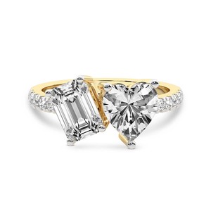 Anillo de Diamantes Cultivados en Laboratorio con Dos Piedras de Esmeralda y Corazón, Estilo Vega, en Oro de Lujo, Certificado por IGI, Joyería para Mujer - Product Image 3