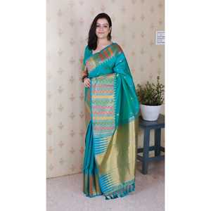 Sari en soie douce bleu aqua Meenakari Zari tissé avec bordure de temple, chemisiers et chemises pour femmes - Product Image 3