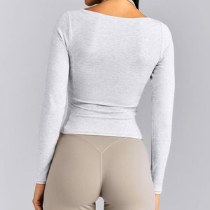 Camiseta Deportiva 2 en 1 para Mujer, Manga Larga, Diseño de Top Corto, Ajuste Holgado, Material Acanalado Transpirable, para Entrenamiento Informal - Product Image 2