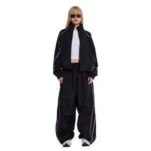 Women's Casual Printed Trendy <b>Black</b> Lightweight <b>Windbreaker</b> Set Nylon Tracksuit Regular Fit Jacket Pants White Piping Contrast - Product Image 1