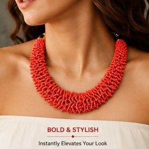 Handmade Coral Red Seed Bead Casual Ball <b>Statement</b> <b>Necklace</b> for Women | Chunky 14K Gold Plated Collar <b>Necklace</b> | Bohemian - Product Image 1