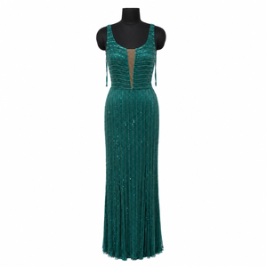 Emerald Green Beaded Evening Gown Women Deep V Neck Sleeveless Embellished Maxi Dress Formal Wedding Prom Party Luxury Designer - Product Image 1