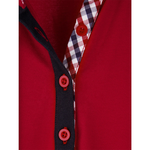 Polo de Manga Corta Rojo para Mujer, Estilo Casual de Punto de Color Sólido con Ribete Azul Marino y Cuello a Cuadros en el Interior - Product Image 3