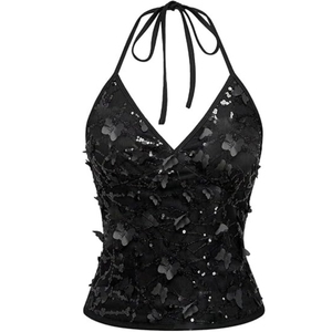 Women's Y2k <b>Sequin</b> Halter Crop <b>Top</b> Cute 3D Butterfly Glitter Coquette Party Club <b>Tops</b> - Product Image 1