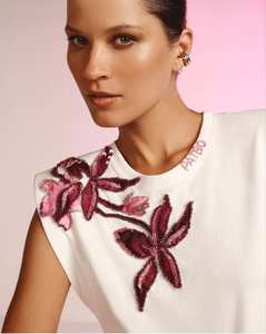 T-shirt en coton blanc à col rond et manches courtes, broderie de palmiers en sequins or et argent, vêtements d'été faits à la main, hauts de vêtements - Product Image 2