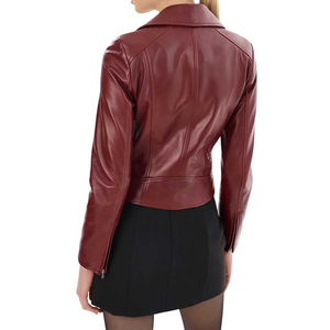 Chaqueta de Motociclista para Mujer, de Cuero Genuino, Impermeable y Resistente al Viento, Color Borgoña, Cierre Asimétrico, Cuello Camisero, Logotipo Personalizado OEM - Product Image 2