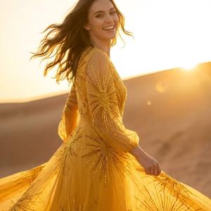 Vestido de Noche Amarillo de Sirena con Adornos Hechos a Mano, Cuello en V Profundo, Manga Larga, Vestido Formal, Fabricante, Venta al Por Mayor - Product Image 1